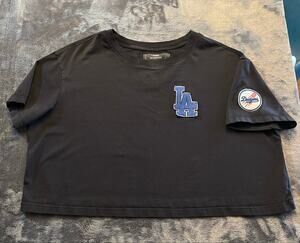 PRO Standard LA Dodgers Black Cropped Distressed Tee Shirt w/ Patches Womens L‎